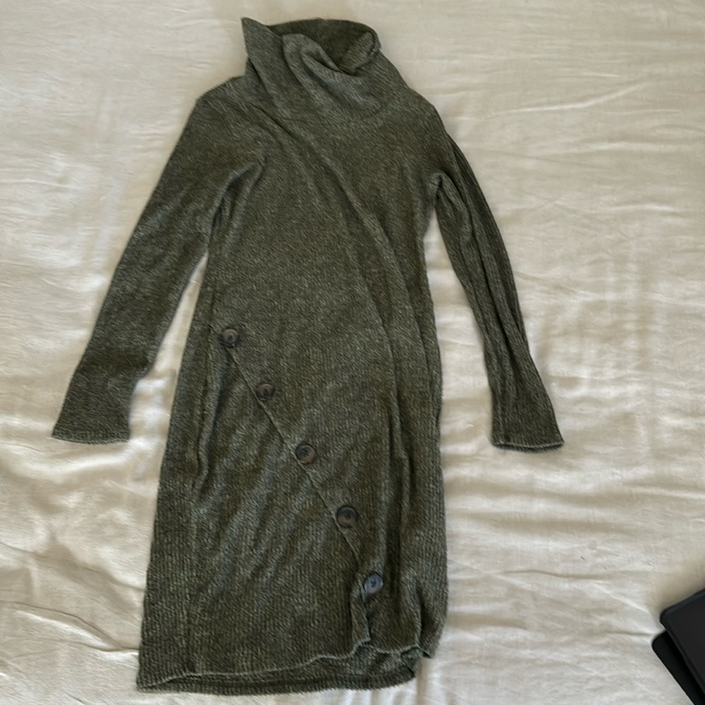 Emerald green cowl neck sweater dress with button detail